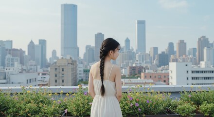 Fototapeta premium Woman on Rooftop Overlooking City