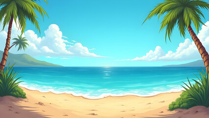 Beautiful Beach Illustration — Tropical Ocean Waves, Palm Trees & Summer Paradise Scene