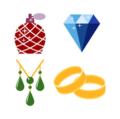 Set Luxury fashion icons. Gemstone and bracelet, brooch and trinket, emerald 