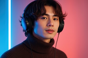 ヘッドフォンで音楽を聴くアジア人男性のポートレート、ネオンライトの背景