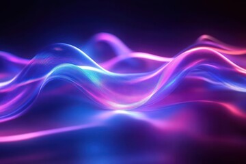 Abstract flowing waves of light in smooth curves with vibrant blue, purple, and pink neon hues creating a dynamic and futuristic glow