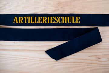 Historical military artifact Cap Band Marine, black ribbon Artillery School inscription, Marine...