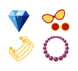 Set Luxury fashion icons. Gemstone and bracelet, brooch and trinket, emerald 