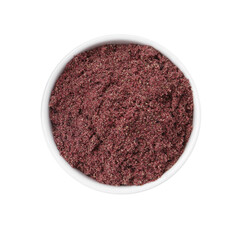 Superfood. Black currant powder in bowl isolated on white, top view