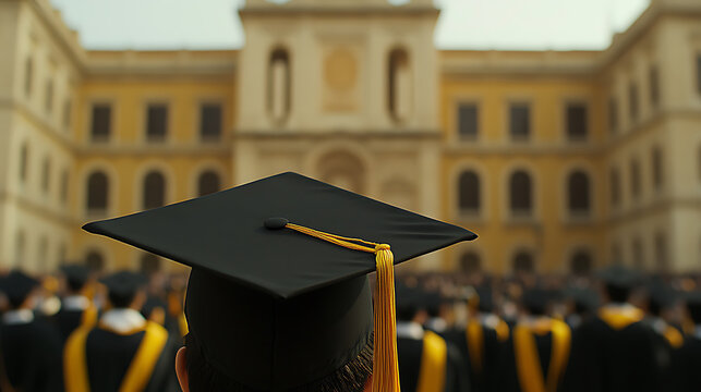 Graduation ceremony scene showcasing a sea of graduates, a milestone of academic achievement, filled with hope for their future, with historic building in the background