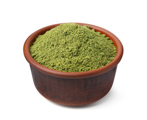 Superfood. Pile of green powder in bowl isolated on white