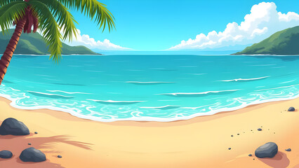 Beautiful Beach Illustration — Tropical Ocean Waves, Palm Trees & Summer Paradise Scene