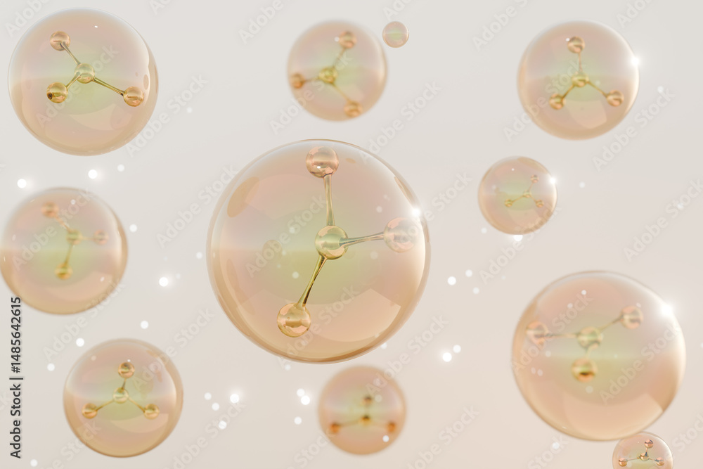 Poster bubbles with molecules, sparkling in the light. 3d rendering