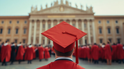 Graduation Ceremony: A graduate with a red cap and gown faces a building during a commencement ceremony, representing achievement and new beginnings.