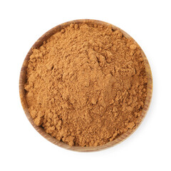 Superfood. Cinnamon powder in bowl isolated on white, top view