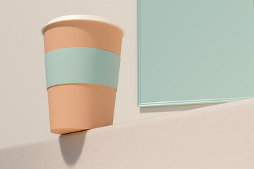 Coffee cup on a minimalist surface. 3d rendering