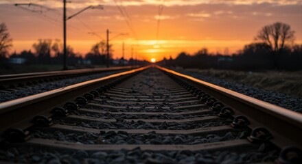 Fototapeta premium Railway tracks leading to sunset symbolizing journey and destination with warm light