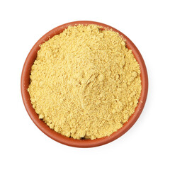 Superfood. Mustard powder in bowl isolated on white, top view