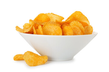 Tasty ridged chips in bowl isolated on white