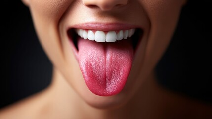 A close-up shot of a person's open mouth, showcasing the tongue and the teeth in the mouth. It appears to be a bright and healthy tongue.