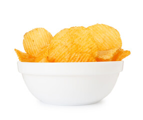 Tasty ridged chips in bowl isolated on white
