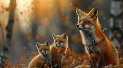 Three foxes, including a parent with orange fur, sit together in a vibrant autumn forest, surrounded by a tapestry of orange and yellow leaves.