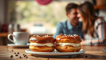 Cozy couple sharing donuts and coffee in a softly blurred setting, magazine photoshoot. with white shades