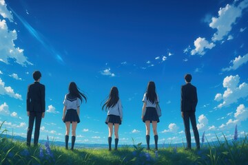 青空を見上げる学生たちの後ろ姿のイラスト
