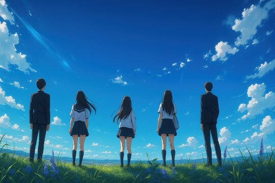 青空を見上げる学生たちの後ろ姿のイラスト