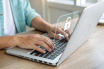 User typing login and password at home, secure access to the personal information and big data. cyber security, the digital crime concept, and data protection from hackers.