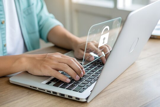 User typing login and password at home, secure access to the personal information and big data. cyber security, the digital crime concept, and data protection from hackers.