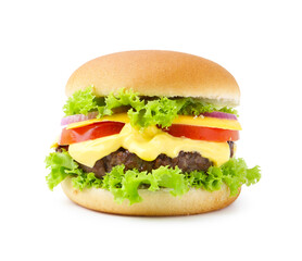 One cheeseburger with tasty patty isolated on white