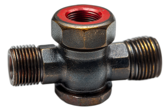 Brass valve with red knob isolated on transparent background.