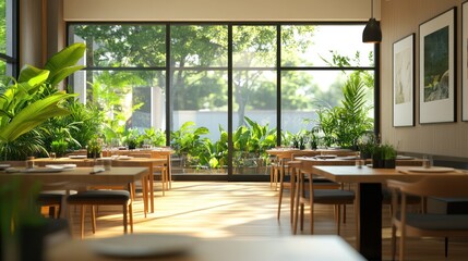 Obraz premium Modern cafe interior with large windows, sunlight, and greenery