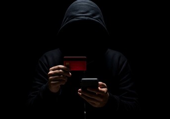 A faceless figure in a black hoodie holds a red credit card and smartphone, symbolizing cybercrime, identity theft, or online fraud in a dark, moody setting.