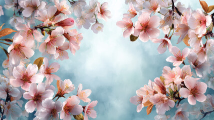 Cherry blossoms bloom beautifully against a soft blue background in springtime garden