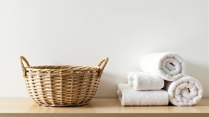Obraz premium Towels In Basket On Wooden Table