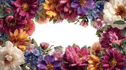 Colorful floral arrangement with various blossoms creating a vibrant decorative border on a plain background
