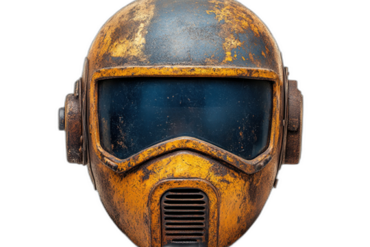 Helmet with gas mask, perfect for industrial settings or post-apocalyptic scenes. Isolated on transparent background.