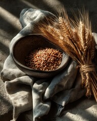 Rustic Bowl of Wheat Grains with Wheat Stalks in Dramatic Light