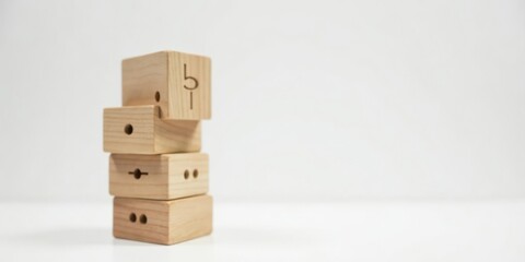 Fototapeta premium A stack of simple wooden blocks with various symbols, showcasing a minimalist design aesthetic and potential for educational or creative play.