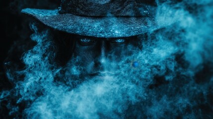 Mysterious figure shrouded in dark blue smoke.