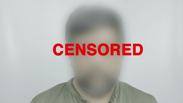 A closeup of a man with a Gaussian blur effect over his face and bold red censored text beside him on a white background, representing digital anonymity, identity protection, and restricted expression