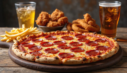 Delicious Pepperoni Pizza, Chicken Wings, Onion Rings, and Fries with Beer