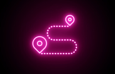 Neon Route map line icon, Route icon two points with dotted path and location pin. Route icon - two points with dotted path and location pin. Pink Route location icon two pin sign and dotted line. 