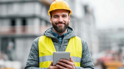 A construction worker, wearing a helmet and vest, smiles while holding a tablet on a worksite. The image captures his work environment.