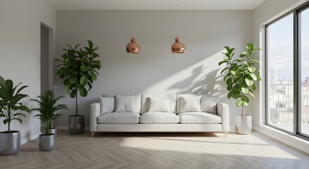 Living Room Interior with Couch and Plants by Window