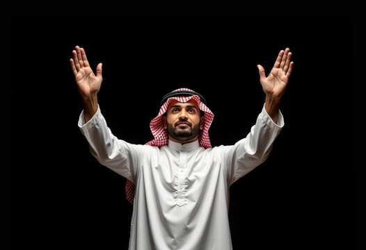 Man in thobe praying with emotional expression against a dark background  