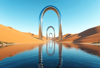Desert abstract surreal background,  desert with sand dunes and 3d render mirror surreal with blue sky. Modern arch on desert.
