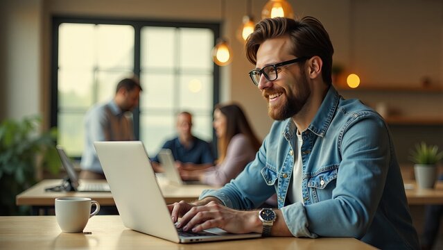 Smiling Man Works On Laptop At Desk