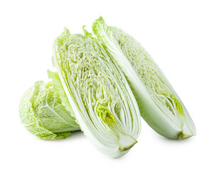 Whole and cut fresh Chinese cabbages isolated on white