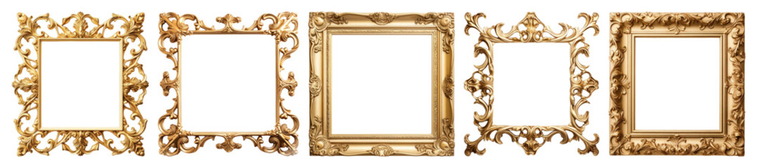 PNG Elegant ornate gold picture frames, element set on transparent background