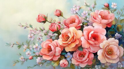 Naklejka premium delicate bouquet of blooming pink and peach roses with small purple and white flowers against a soft pastel background conveying elegance and tranquility
