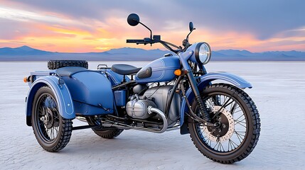 Fototapeta premium Surreal Blue Motorcycle with Sidecar Against Dramatic Sky at Dusk