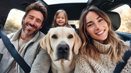A happy family, including a friendly dog, enjoys a car ride together. They smile at the camera, ready for adventure. The image showcases a sense of unity and togetherness.